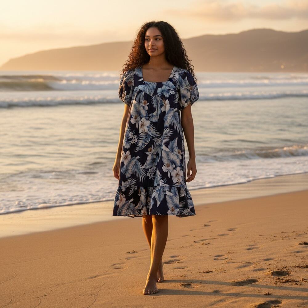 Royal Hawaiian Creations Blue Floral Muumuu Shift Midi Dress, Women's Medium - Picture 1 of 15